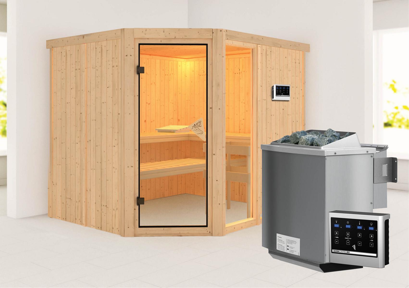 KARIBUHOLZT Sauna Fiona 3 Eck, 9kW Bio ext. Strg bronz.GGT 08288467