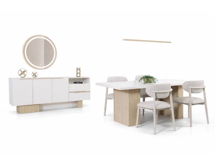 JVmoebel Essgruppe Weiße Esszimmergarnitur Stilvoller Esstisch Edler Sideboard 4x Stühle, (7-tlg), Made in Europa