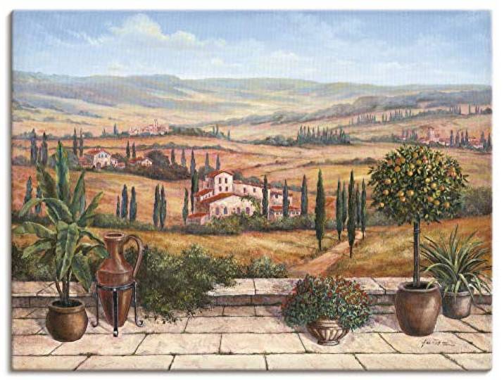 ARTLAND Wanddeko Leinwand Bilder Wandbild 80x60 cm Toskana Landschaft Italien Natur Malerei Terrasse Mediterran Ocker T4BP