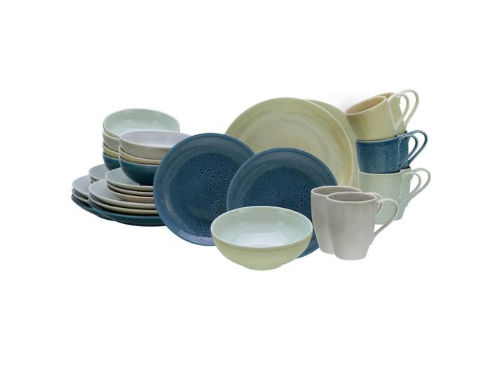 Creatable Kombiservice Reactive Nordic, Grün, Dunkelblau, Hellgelb, Perlmutt, Keramik, 32-teilig, 300 ml,400 ml, stapelbar, Essen & Trinken, Geschirr, Geschirr-Sets, Kombiservice