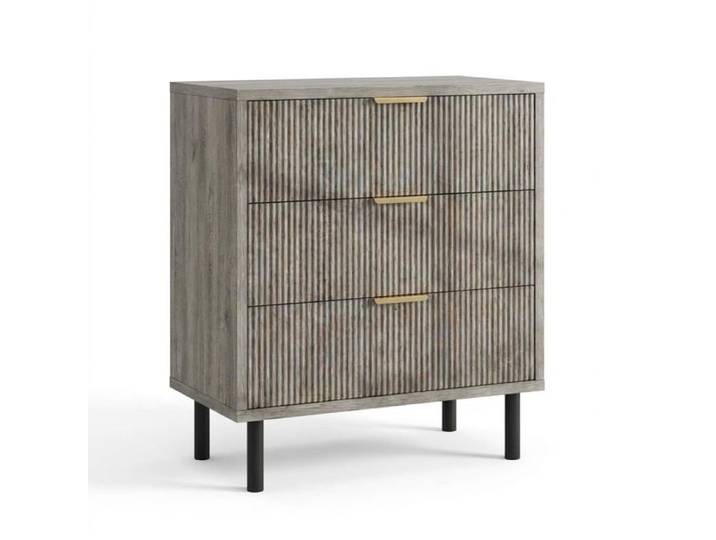 Commode moderne - LUNSY - Design texturé élégant - Gris - 70x40x76 cm - Trois tiroirs spacieux - Pieds en métal noir