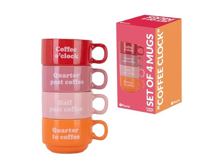 Fisura – Set van originele mokken Coffee Clock . Witte mokken met grappige teksten. Originele mokken met boodschap als cadeau. Set van 4 humoristische keramische mokken
