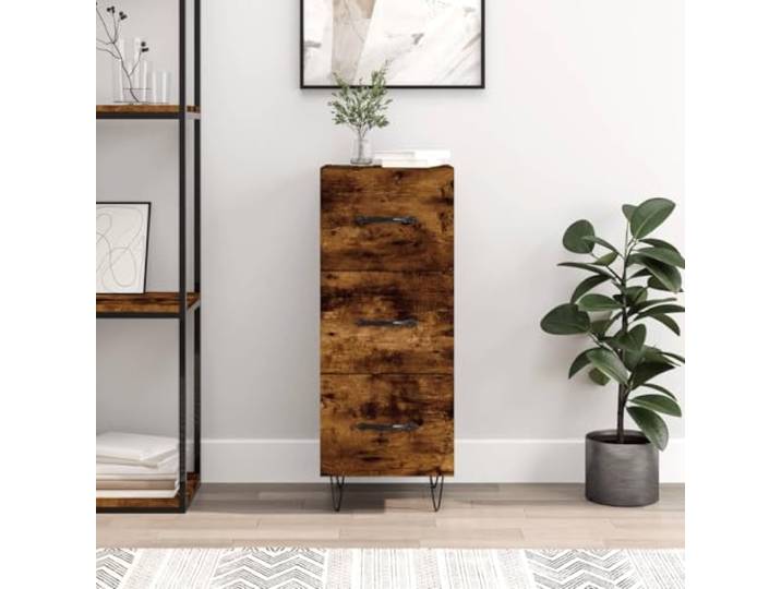 HEFZGDB Stabiles Sideboard mit Wandhalterung gegen Umkippen in Räuchereiche aus Holzwerkstoff mit 3 Schubladen und Metallbeinen – Modernes Sideboard für die Wohnzimmereinrichtung
