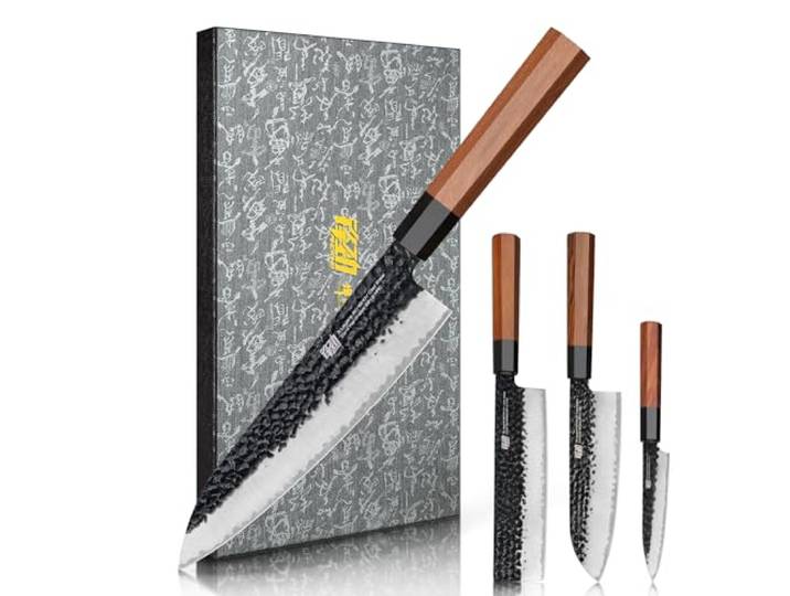 FINDKING 4-tlg Messerset, 9Cr18MoV Stahl gehämmerte Klingen Rosenholz Griff 4-teiliges Messerset, 9Cr18MoV Stahl, gehämmerte Klingen, Rosenholz Griff, Japan Stil, Fleisch Gemüse Obst, Dynasty Serie
