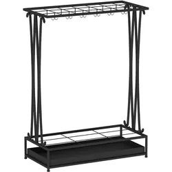 OKWISH Schirmständer Stahl Schwarz 50x24x68 cm mit 21 Halterungen, 24 Haken und Auffangschale