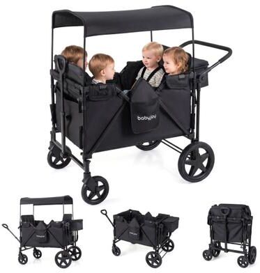 Costway Foldable 4-Seater Push-Pull Wagon Stroller with Adjustable Canopy and Handles-Black
