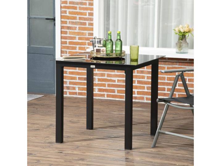 Table de Jardin 4 Personnes avec Plateau en Verre Trempe - pour Terrasse et Balcon - en Aluminium Noir - 80×80×74 cm