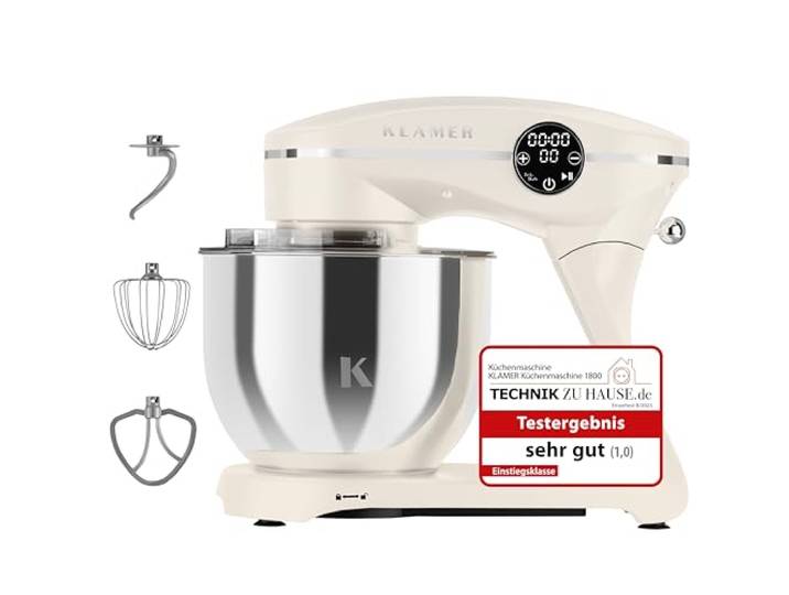 KLAMER Küchenmaschine 1800W, Knetmaschine Brotteig mit 6L Edelstahlschüssel 10 Geschwindigkeiten und Timer, Planetenrührwerk, Knethaken, Flachrührer und Schneebesen, transparenter Sichtdeckel