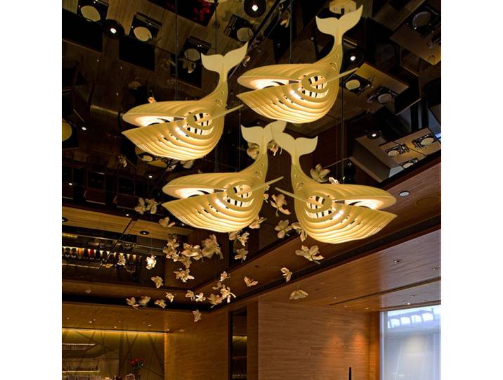 Grande lampe à suspension en forme de poisson en bois E27 suspension en forme de baleine en bois pour chambre d'enfants barre de Sushi japonaise conception de lustre Unique