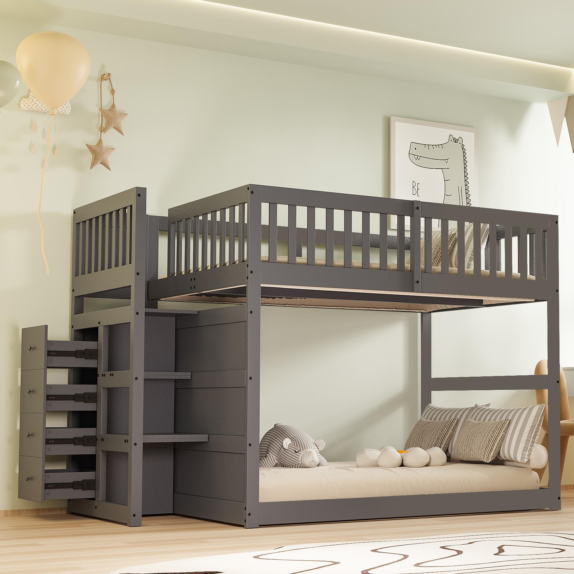 Fortuna Lai Niedriges Etagenbett140 x 200 cm, Sicherheits-Etagenbett mit Staufach, hohes Zaun-Design, Holzbett, grau