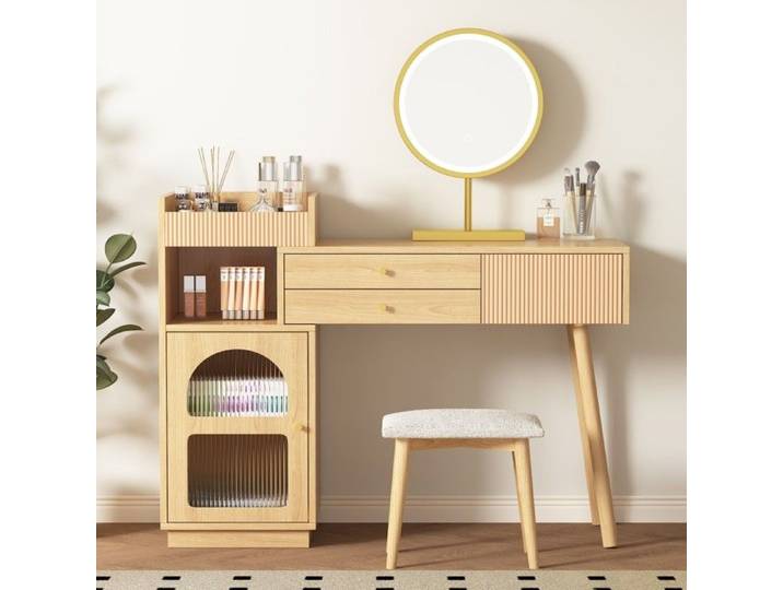 Coiffeuse LED-Miroir 3 Couleurs-Rangement-Meuble Maquillage-Stable L120xH90xP40cm-Chambre Studio