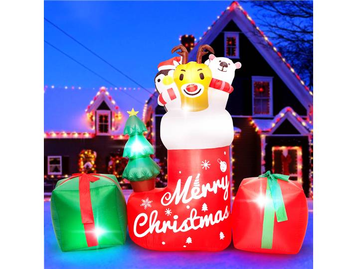 Décoration extérieure gonflable de noël de 8 pieds, Animal gonflable dans le bas de noël avec boîte-cadeau avec lumières LED pour les vacances
