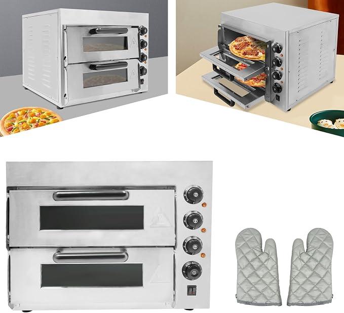 201 Edelstahl Pizzaofen, Groß Pizza Pizzabackofen mit Hitzebeständige Handschuhe, 3000W Doppellagig Mini Pizzaofen Elektrisch, Einstellbare Temperatur, Gastro Backofen,Brot,Kuchen,Pasteten