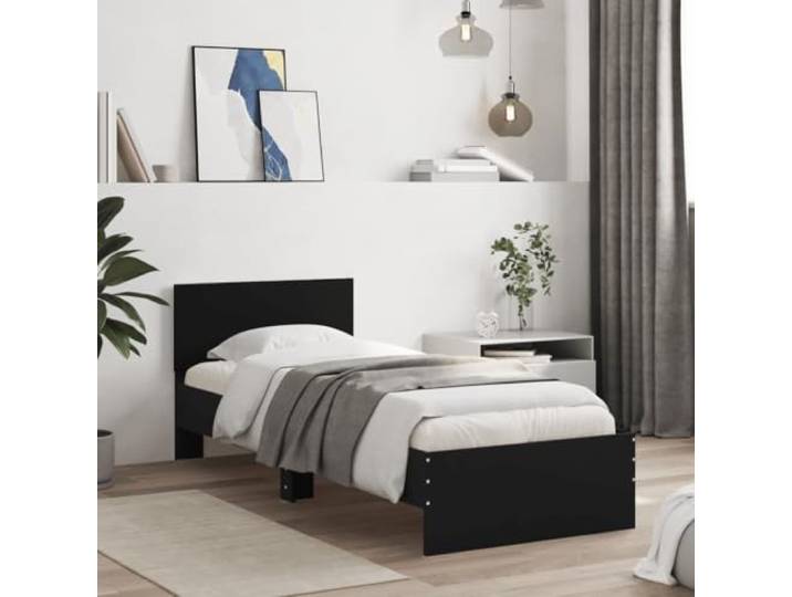 Holzwerkstoff mit Kopfteil Stabile Rückenstütze 90x200 cm Schwarz Bettgestell mit Kopfteil Holzwerkstoff Schwarz 90x200 cm stabiles Lattenrost Metallfreies Design Schlafzimmer Möbel