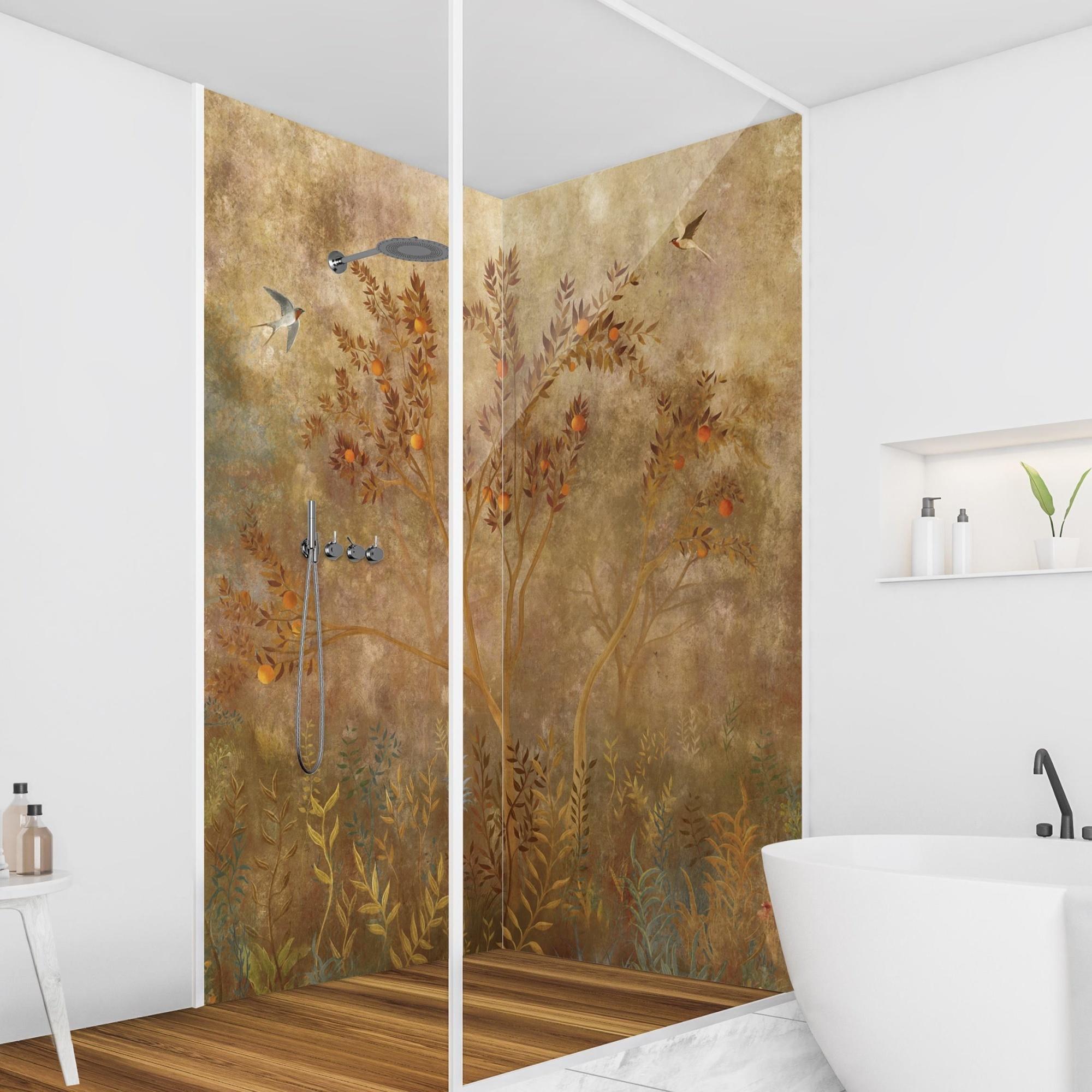 Duschrückwand Wald selbstklebend - 0.61 mm Wandpaneel wasserfest Vogel braun Tropisch Badrückwand fugenlos Premium matt 110x210 cm