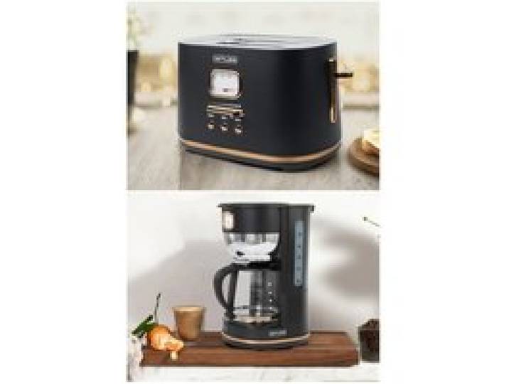 PACK CAFETIERE RETRO VINTAGE 10 TASSES 1000W SANS FIL NOIRE DORE + GRILLE-PAIN NOIRE DORE 1800W 2 FENTES