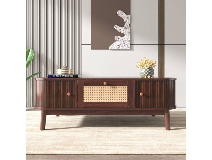 Nouvelle table basse Premium sense. Table basse en rotin tiroir en rotin et porte coulissante à lattes en bois massif pieds