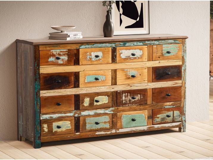 Sideboard 155x92cm 'Hawkins' recyceltes Altholz mehrfarbig lackiert 16 Schubkästen