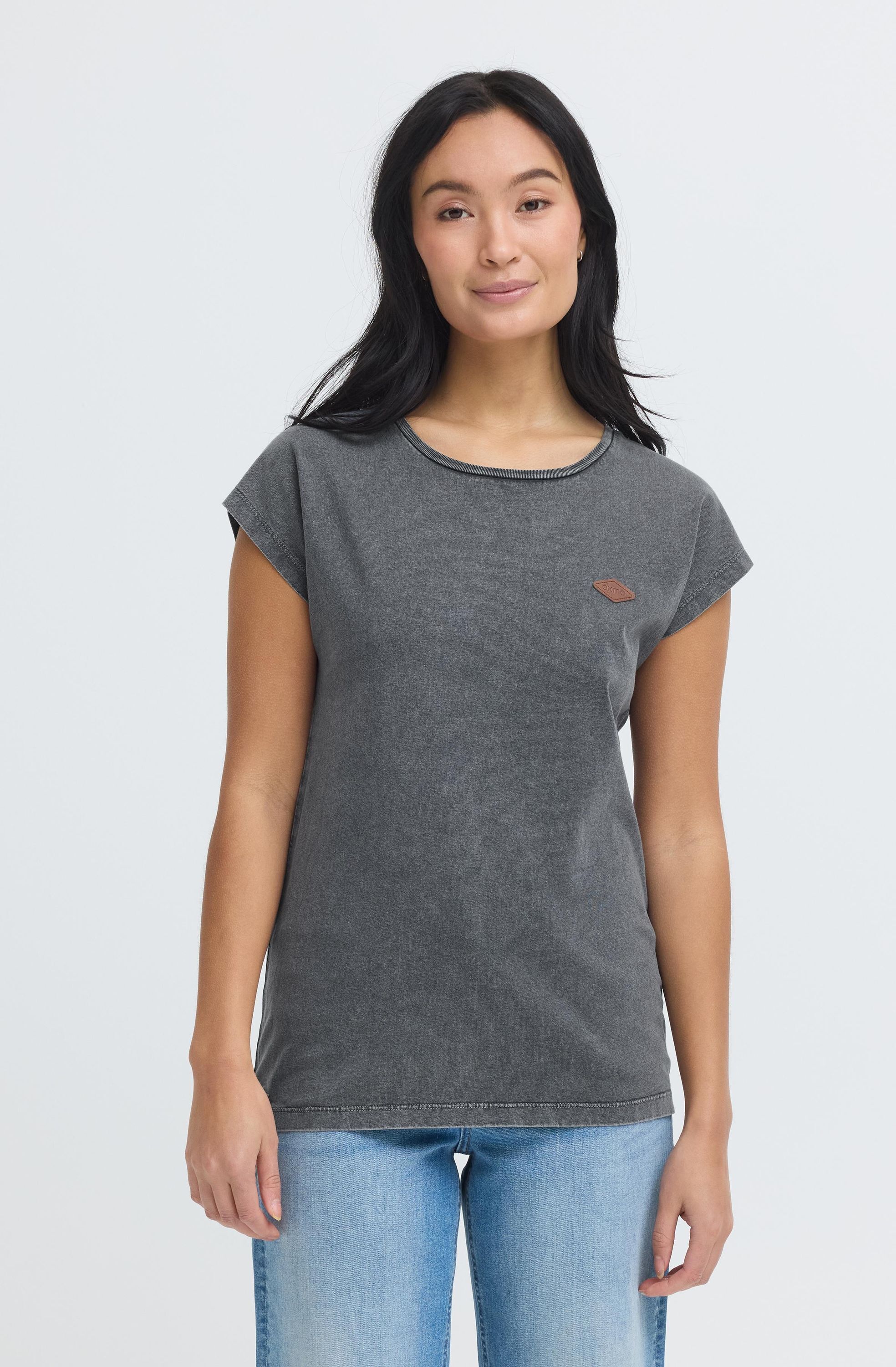 Rundhalsshirt OXMO "Rundhalsshirt OXSille", Damen, Gr. L, grau (asphalt), Obermaterial: 100% Baumwolle CO., Shirts Rundhalsshirt
