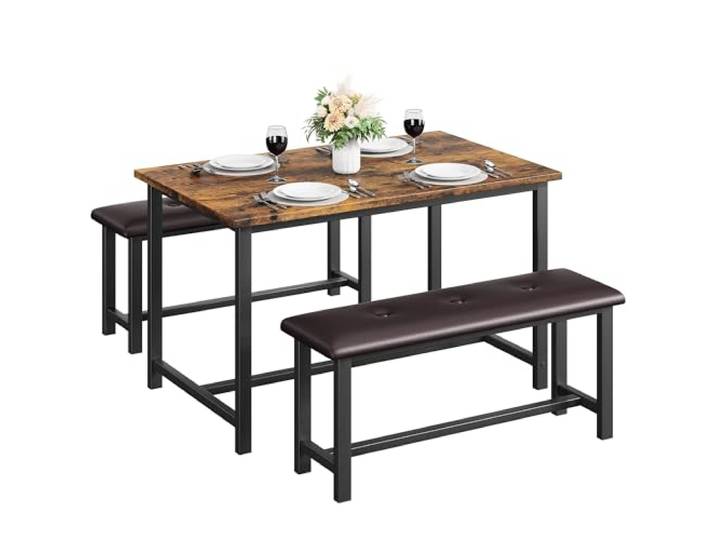 Crevyteg 3-Teilige Essgruppe Mit 2 Bänken, Esstisch Für 4 Personen (113x70x75 cm), Platzsparendes Küchentisch-Set Mit Polsterbänken, Stabilem Metallgestell, Vintagebraun