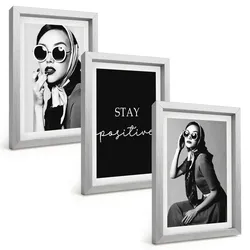 BILDER SET 3er Set - 20x30 cm Silberner Rahmen - Stilvolle Porträts von Frauen mit Brille