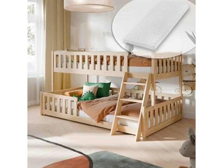 Kids Collective Etagenbett 90x200 / 120x200 Kinderbett Jugendbett Stockbett Hochbett mit Leiter, Rausfallschutz Lattenrosten und 2 Matratzen, Kinder Bett von 4. bis 16. Lebensjahr Natur