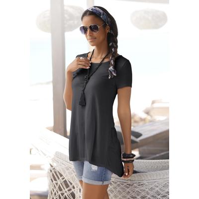 T-Shirt LASCANA, Damen, Gr. 44/46, schwarz, Jersey, Obermaterial: 100% Viskose, figurumspielend Po-bedeckend, Rundhals, Shirts T-Shirt, mit verlängertem Rückenteil, Kurzarmshirt, Longshirt, Basic