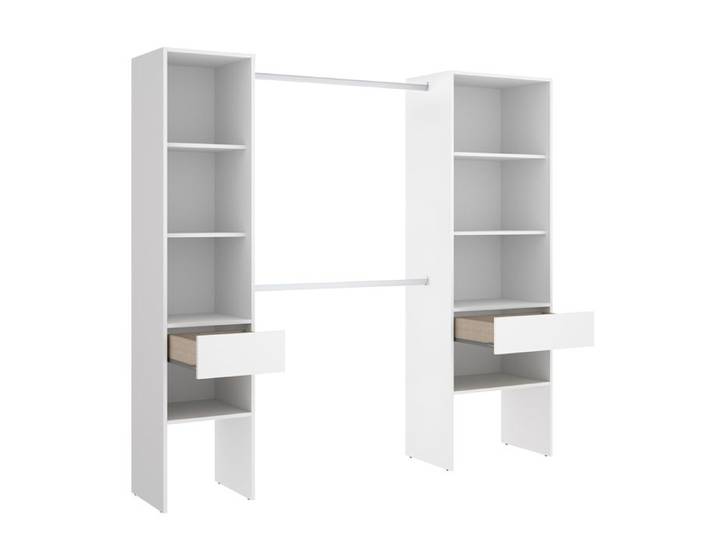 Armoire dressing en bois mélaminé avec 2 colonnes 2 tiroirs et 2 penderies coloris blanc