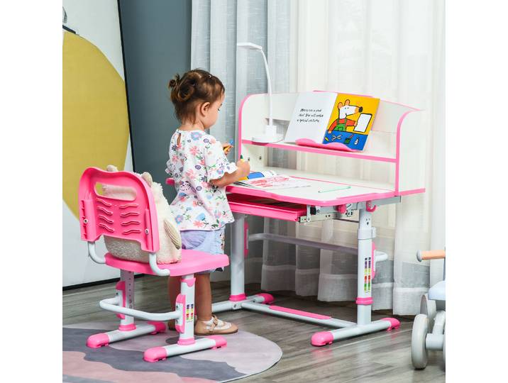 HOMCOM Bureau Enfant Réglable LED MDF Acier Rose