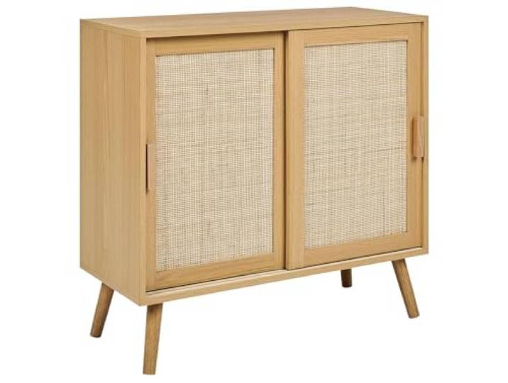 Beliani Sideboard Spanholz Brett Rattan Geflecht 2 Tür mit Regalen Schlafzimmer Aufbewahrungslösung helles Holz Hodgen