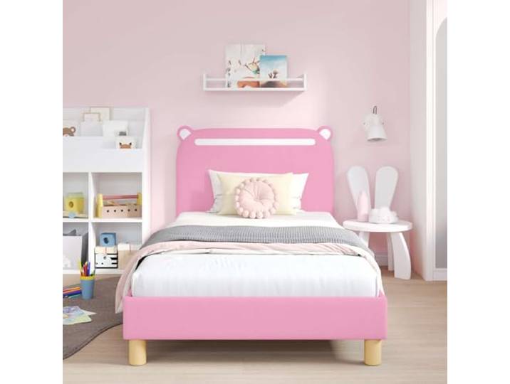 KTHLBRH Einzelbett Rosa 90 x 200 cm mit Kopfteil aus Holz Modernes Design, fester Lattenrost, einfache Montage, 140 kg Tragkraft