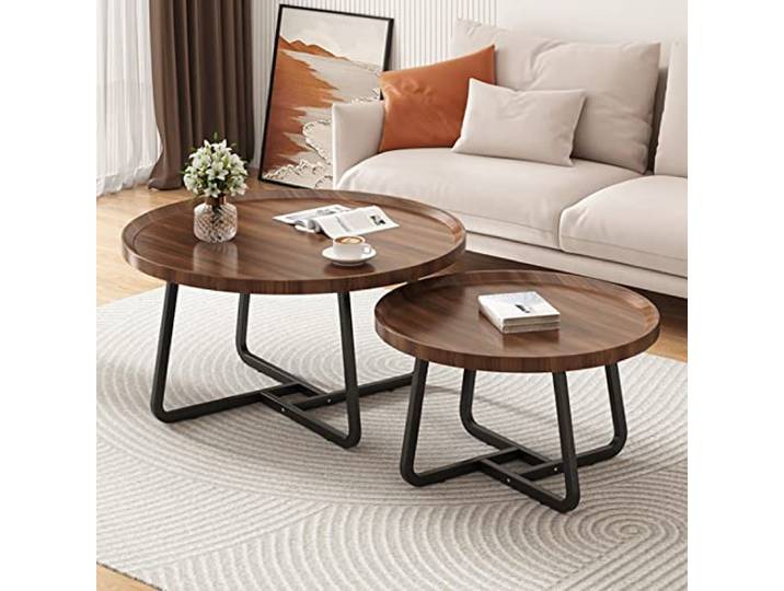 beaka Couchtisch Wohnzimmertisch Rund - Vintage Sofa Tisches, Skandinavisches Wohnzimmer Couchtisch, Einfacher Aufbau Moderner Stil Kaffeetisch 2er Set (Color : Walnut, Size : 1set 80+60)