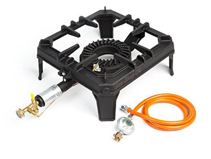 Hockerkocher - Gaskocher 8,8 KW mit Zündsicherung + Gasschlauch und Druckminderer (Gusseisen Wokbrenner Asia Kocher, Gastrokocher, Gasherd, Campingkocher für Wok)