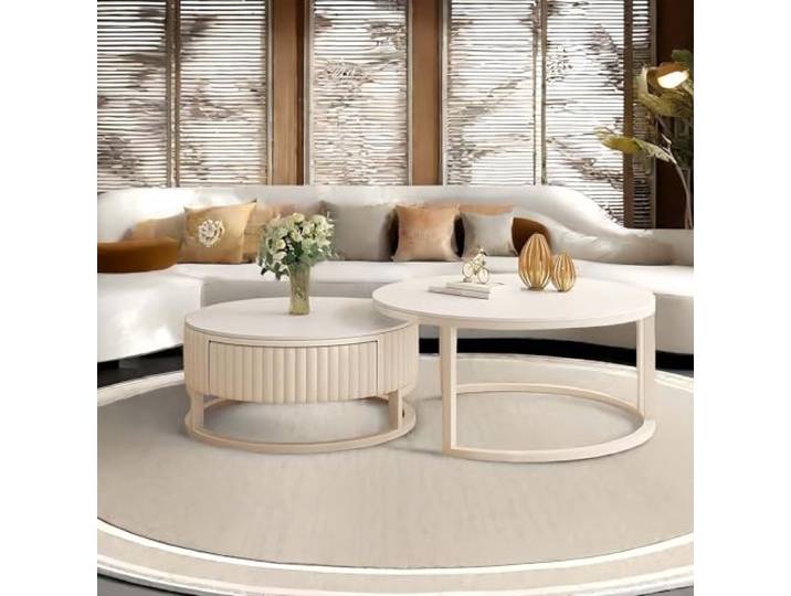 MDXVRKYBC 50+70cm Runder Couchtisch Rund 2er Set Couchtisch Weiß Mit Stauraum, Massiver Rahmen Aus Gebürstetem Metall+Hitzebeständige Steinplatte, Wohnzimmertisch Sofatisch Nested Beistelltisch