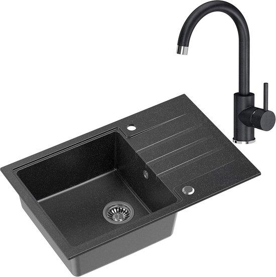 Spüle Komposit Schwarz Einbau mit Abtropffläche und Armaturen - Inklusive Siphon