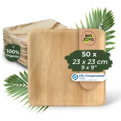 BIOZOYG 50 Stück Einwegteller 23x23cm Palmblatt-Teller, quadratisch, biologisch abbaubar, umweltfreundlich, kompostierbar, Wegwerfteller