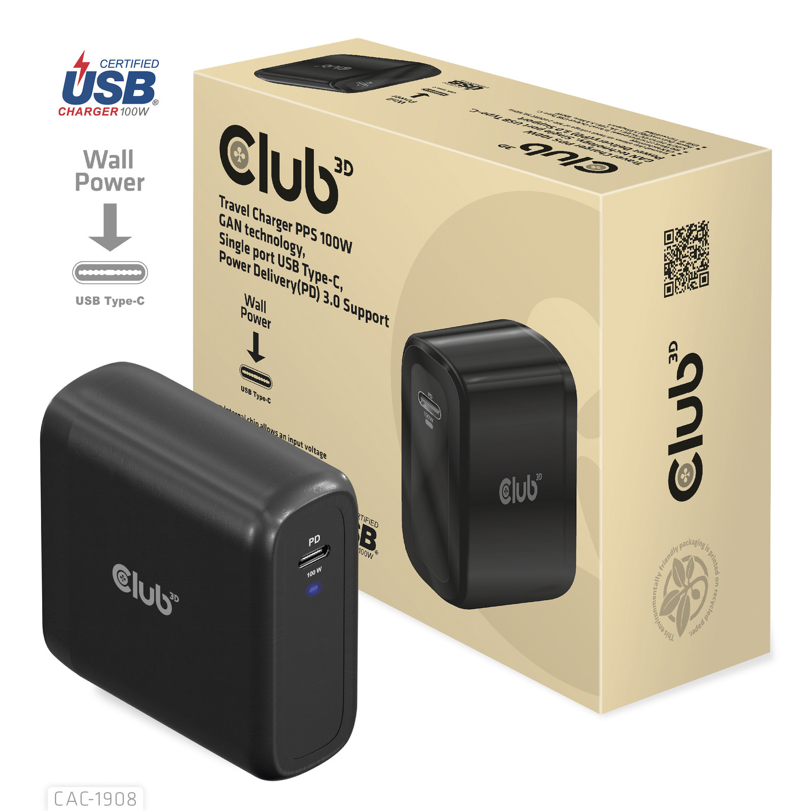 Club3D CAC-1908EU GaN USB-C Oplader met 100W Power Delivery