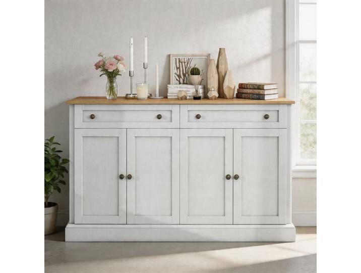Vaisselier - Grand buffet - Bois naturel - 4 portes 2 tiroirs - 150x40x86 cm