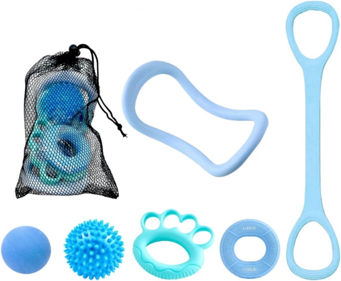 INF Sechsteiliges Silikon-Handgriff-Set (Netzbeutelverpackung) – Grifftrainer mit Widerstandsringen und Noppenmassageball für Blau