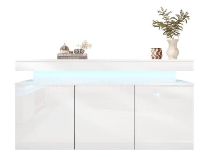 Mirjan24 Kommode Serkuzo 3D 160 mit 3-Türen, Blauer LED (Weiß Hochglanz) Grifflose Türkommode mit 6 Innenfächern, Push-to-open-System und Soft-Close-System, B/H/T: 160/83/39 cm