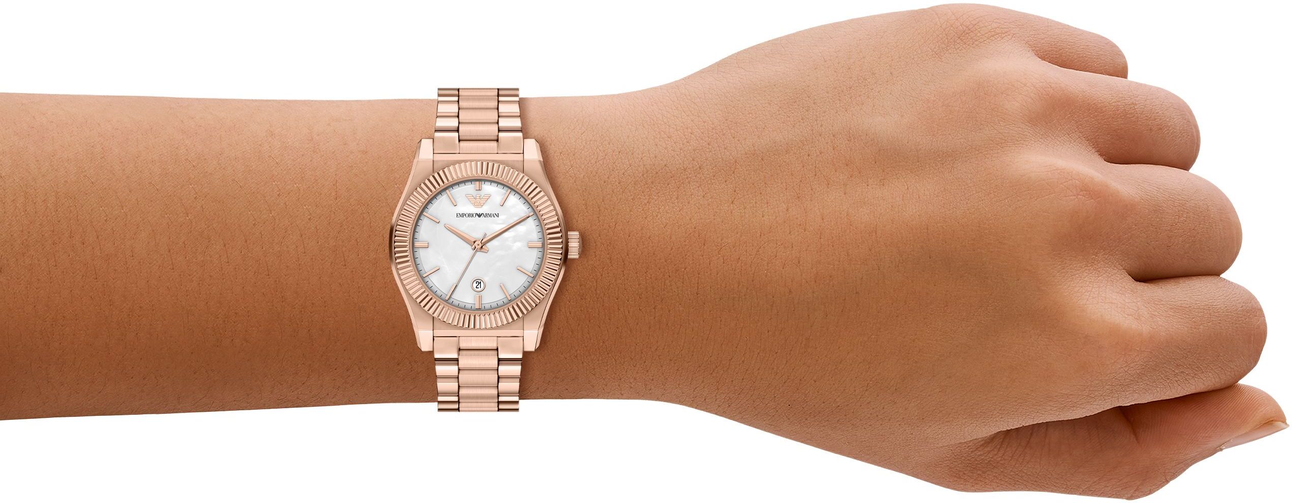 Quarzuhr EMPORIO ARMANI, rosa (roségoldfarben, perlmuttfarben, perlmuttfarben), Armbanduhren, Damen, roségoldfarben, Quarzuhr, Armbanduhr, Damenuhr, Edelstahlarmband, analog, Tag