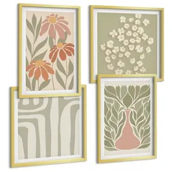 BILDER SET 4er Set - 50x50 cm & 40x60 cm Goldrahmen - Floraler minimalistischer Boho-Stil