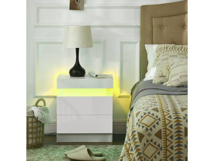 HOMCOM Chevet LED 2 Tiroirs Haute Brillance Blanc