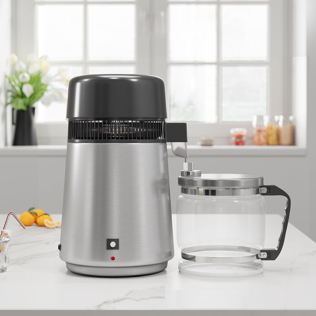 London Boutique Countertop Water Distiller 4L, 750W Stainless Steel Distilled Water Maker - Digital Display - Glass Jug for Home Use, Silver - 750W 4L Silver Glass Po Stainless steel shell silver 28cm H X 35.8cm W X 48cm D