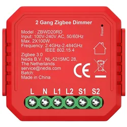 Nedis, Lichtschalter + Storenschalter, ZBWD20RD SmartLife Power Switch Zigbee 3.0-2x100 W-Terminal Anschluss-App erhältlich für: Andro