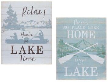 Wooden Lake Life Sentiment Sign (Set of 2) by Melrose in White Brown Blue