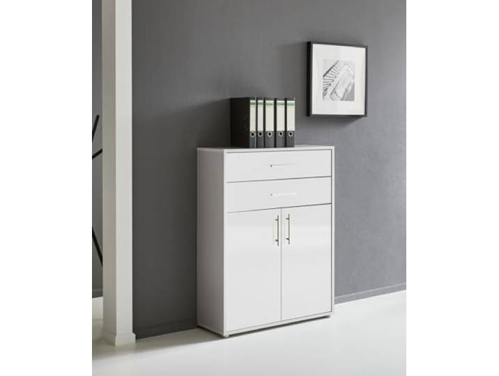 BMG Möbel Schubkastenschrank mit 2 Türen ideal für Büro & Arbeitszimmer wählbar aus 26 verschiedenen Farbkombinationen (Lichtgrau - Weiß Hochglanz)