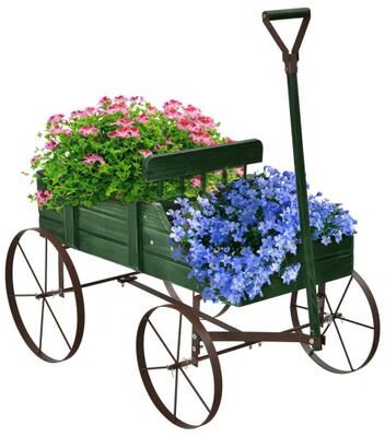 Costway Wooden Wagon Plant Bed With Wheel for Garden Yard-Green