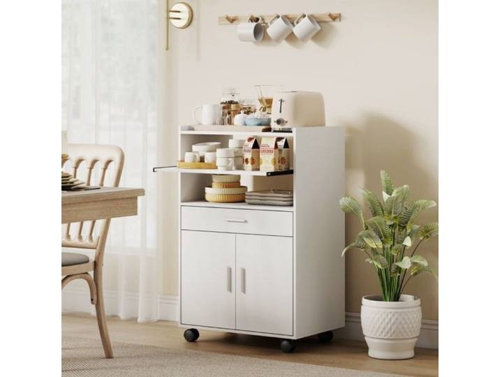 Desserte Billot Meuble micro-ondes blanc avec étagère 2 portes et tiroir sur roulettes - Rangement pratique 59x40x92cm