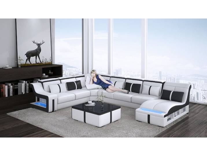 Xlmoebel Wohnlandschaft Ecksofa U-Form aus Leder mit integrierter Beleuchtung, Ecksofa U-Form, Hergestellt in Europa
